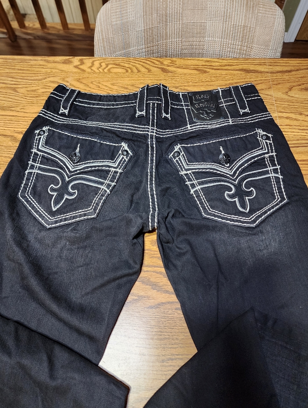Rock Revival Men’s Dan Alt Straight Black Jeans with White Stitching Size 34x32